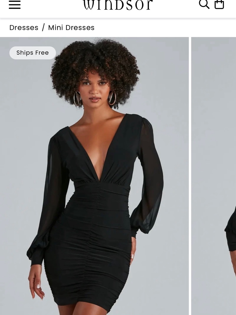 Windsor Black V-Neck Ruched Long Sleeve Mini Dress